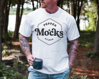 Comfort Colors C1717 White Tshirt Mockup | 1717 Mens White T-shirt Mock-up | Real Model Mock | Summer Fall Outdoor Nature Shirt | Dad Coffee