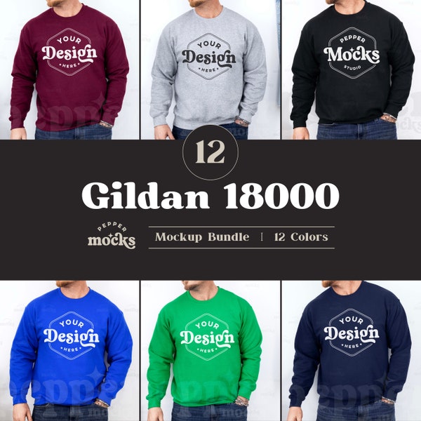 Gildan 18000 Crewneck Sweatshirt Mockup Bundle | Male G180 Sweater Mock-up Bundle | Real Model Mockup | Mens Basic Simple Gildan 18000 Mock
