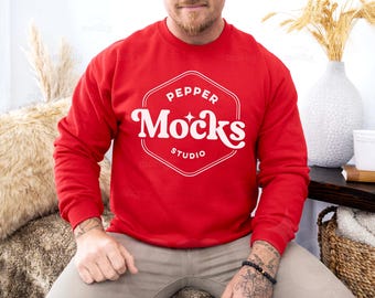 Gildan 18000 Red Crewneck Sweatshirt Mockup | G180 Mens Sweater Mock-up | Real Male Model Mock | Aesthetic Casual Basic Fall Photograph