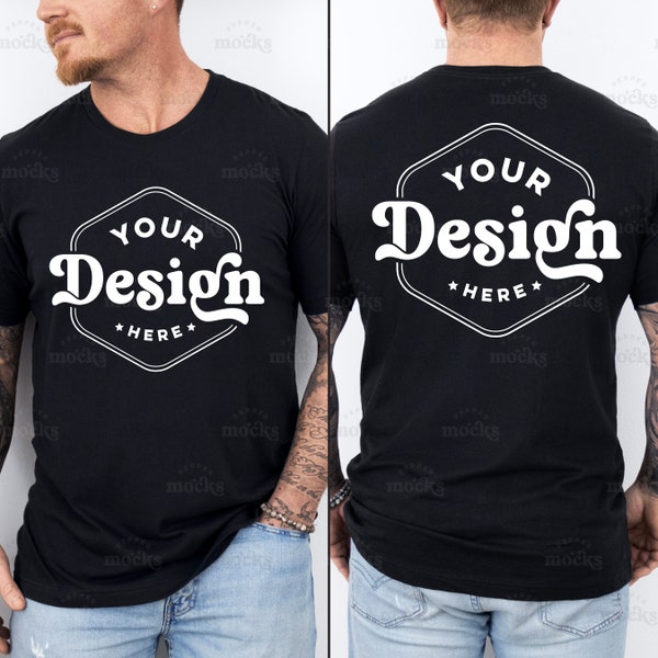 Bella Canvas 3001 Black Front and Back View Tshirt Mockup | 3001 Mens T-shirt Mock-up | Real Model Mock | Simple Aesthetic Mens Split View