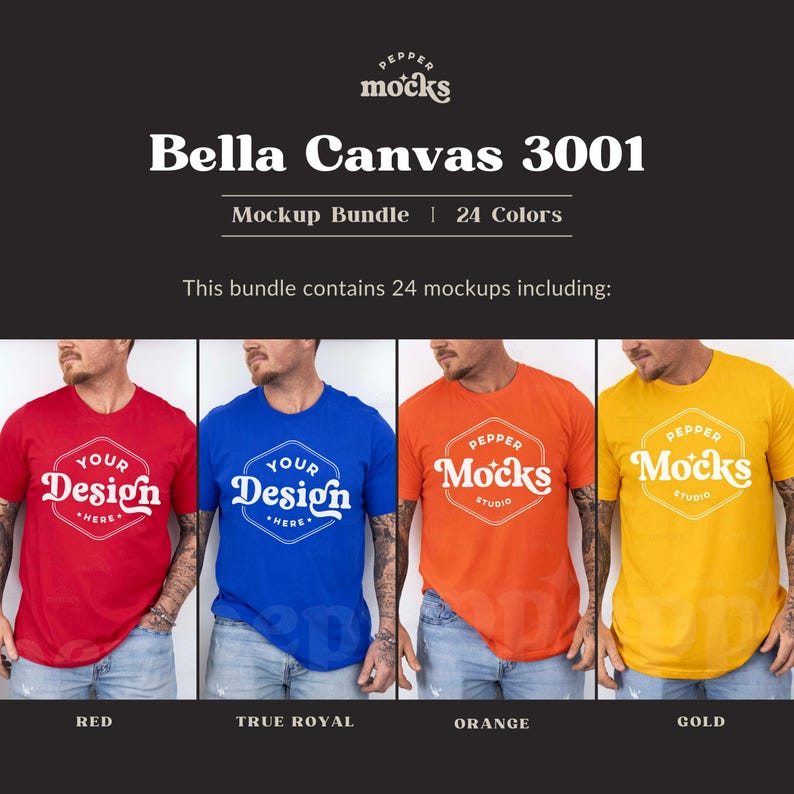 May include: Four men wearing different colored t-shirts. The shirts are red, blue, orange, and yellow. The shirts have the text "Your Design Here" and "Pepper Mocks Studio" printed on them. The text is in a retro font style.