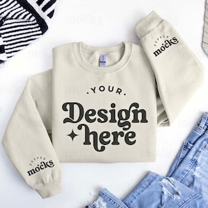 Gildan 18000 Sand Sweatshirt Mockup | Flatlay Sleeve (Digital Download)