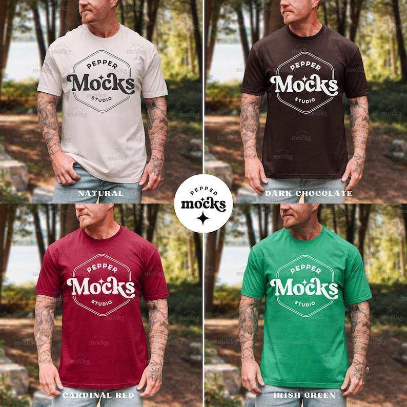 May include: Four t-shirts in different colors: natural, dark chocolate, cardinal red, and Irish green. Each shirt features the text "PEPPER Mocks STUDIO" inside a hexagon shape.