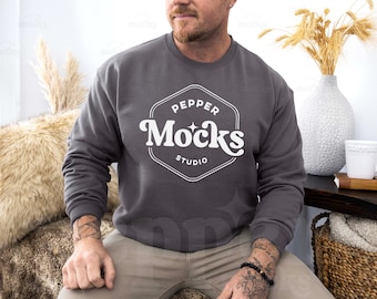 Gildan 18000 Charcoal Crewneck Sweatshirt Mockup | G180 Mens Sweater Mock-up | Real Male Model Mock | Aesthetic Casual Basic Fall Photograph