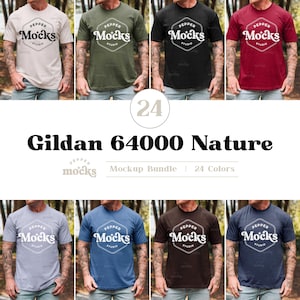May include: A collection of Gildan 64000 Nature t-shirts in various colors, including beige, green, black, and burgundy. Each shirt features a white logo that says "Pepper Mocks Studio". The image also includes the text "Mockup Bundle | 24 Colors".