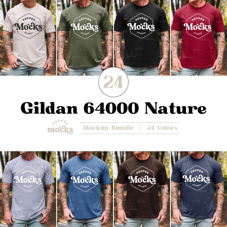 May include: A collection of Gildan 64000 Nature t-shirts in various colors, including beige, green, black, and burgundy. Each shirt features a white logo that says "Pepper Mocks Studio". The image also includes the text "Mockup Bundle | 24 Colors".