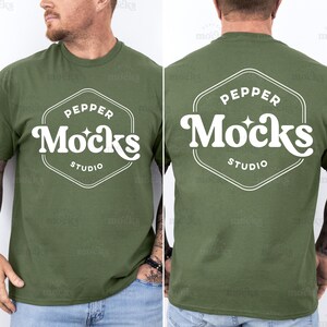 May include: A green t-shirt with a white logo on the front and back. The logo is a hexagon with the text "Pepper Mocks Studio" inside.