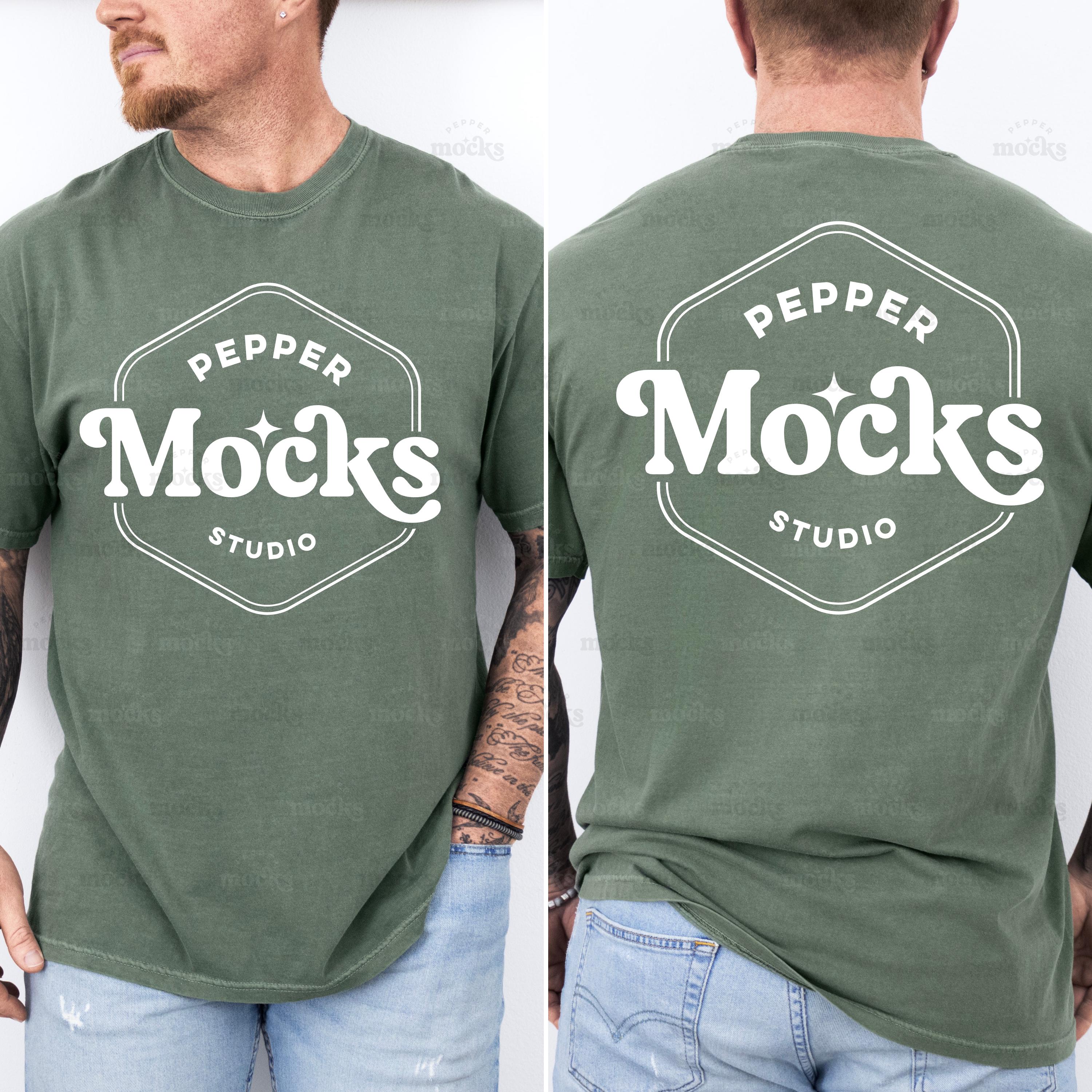 Comfort Colors C1717 Moss Tshirt Split View Mockup | 1717 Mens Green T-shirt Mock-up | Real Model Mock | Simple Aesthetic Male Front Back