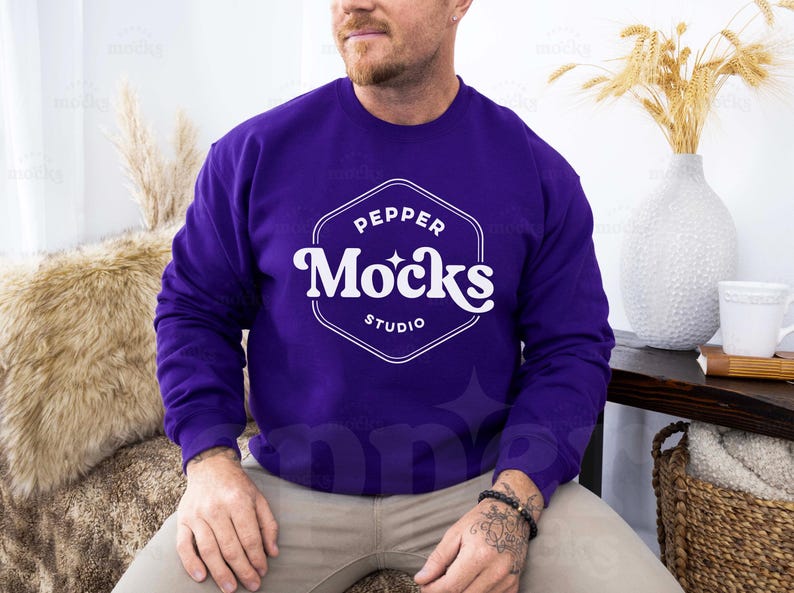Gildan 18000 Purple Crewneck Sweatshirt Mockup G180 Mens Sweater Mock