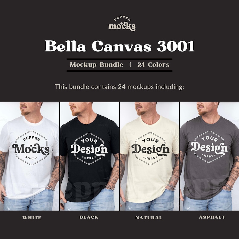 May include: Four men's t-shirts in different colors: white, black, natural, and asphalt. Each shirt has a different design on the front. The white shirt has the text "Pepper Mocks Studio" in a retro font. The black, natural, and asphalt shirts have the text "Your Design Here" in a retro font.