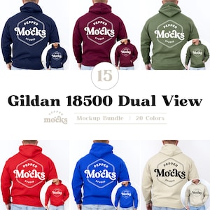 May include: A selection of Gildan 18500 Dual View hoodies in colours such as navy, burgundy, olive green, red, and blue. Each hoodie displays the "Pepper Mocks Studio" logo on the front and back. The image also shows the text "Mockup Bundle | 20 Colors."