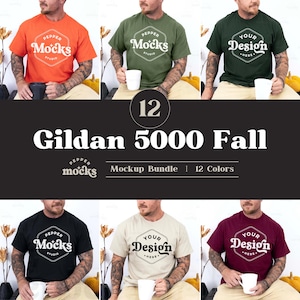 Gildan 5000 Fall T-Shirt Mockup Bundle | Mens G500 Tshirt Mock-up Bundle | Real Male Model Mock | Casual Simple Fall Styled Aesthetic Shirt