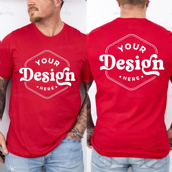 Bella Canvas 3001 Red Front and Back View Tshirt Mockup | 3001 Mens Red T-shirt Mock-up | Real Model Mock | Simple Aesthetic BC3001 Split