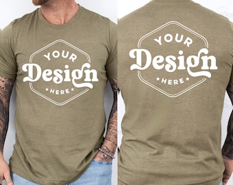 Bella Canvas 3001 Mockup | Heather Olive T-Shirt, Front & Back (Digital Download)