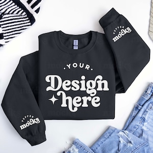 Gildan 18000 Black Sweatshirt Sleeve Mockup | Flatlay (Digital Download)