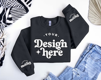 Manica di felpa nera Gildan 18000 Mockup / Manica nera G180 Mock-up / Manica piatta Gildan / Maglione girocollo semplice neutro di base Mock