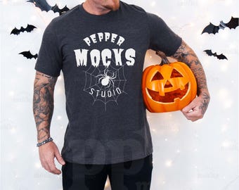 Bella Canvas 3001 Mockup | Ciemnoszary wrzos, dynia halloweenowa (pobranie cyfrowe)