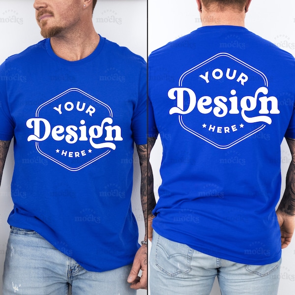 Bella Canvas 3001 True Royal Front and Back View Tshirt Mockup | 3001 Mens Blue T-shirt Mock-up | Real Model Mock | Simple Aesthetic Split