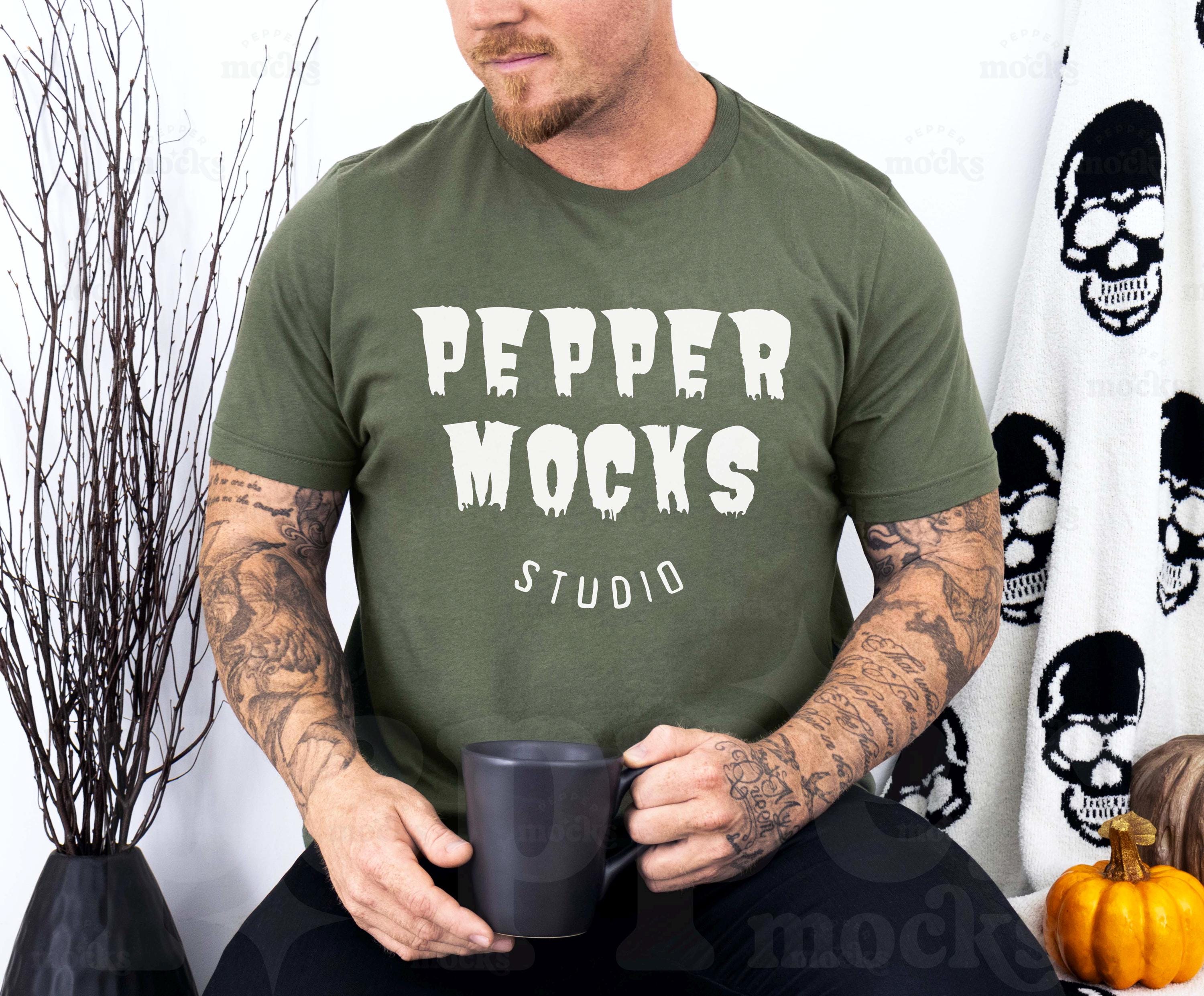 Bella Canvas 3001 Military Green Halloween T-Shirt Mockup | Mens Grey 3001 Tshirt Mock-up | Real Human Model Mock | Styled Skull Pumpkin