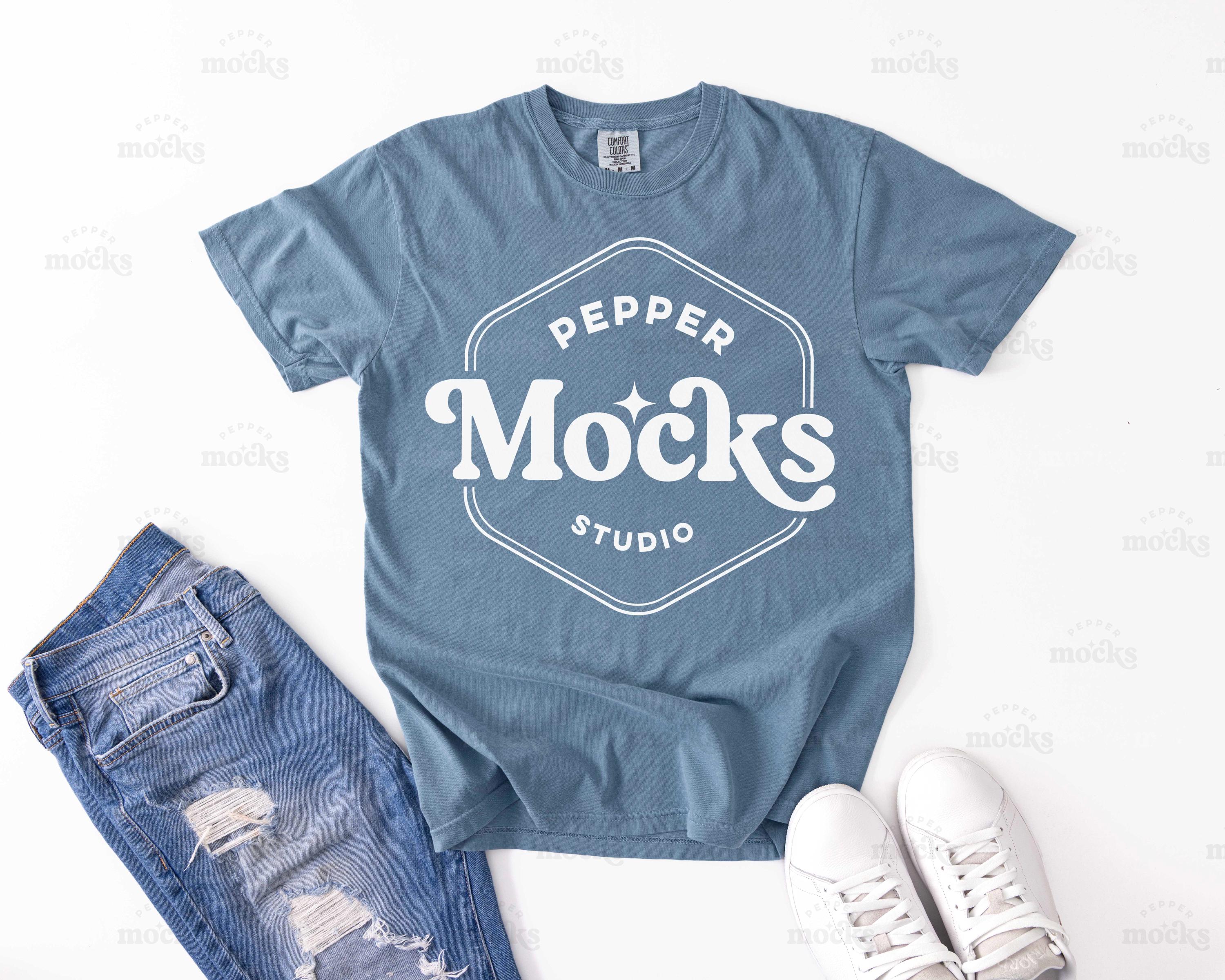 Comfort Colors C1717 Ice Blue T-shirt Mockup | C1717 Flat-Lay Tshirt Mock-up | Mens Basic Neutral Simple Mock | Casual Flatlay | Blue Mock