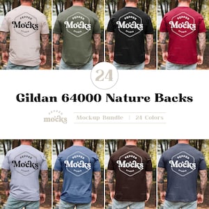 Könnte beinhalten: Eine Auswahl an T-Shirts in verschiedenen Farben, jeweils mit dem Logo "Pepper Mocks Studio" auf dem Rücken. Das Bild zeigt ein Mockup-Bundle von Gildan 64000 Nature Backs, mit der Zahl "24" deutlich sichtbar.
