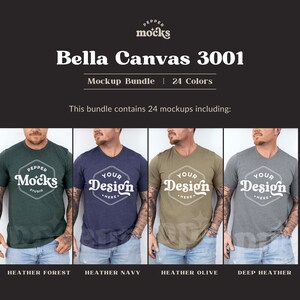 May include: Four men's t-shirts in different colors: heather forest, heather navy, heather olive, and deep heather. Each shirt has a V-neck and features the text "Your Design Here" in a white hexagon.