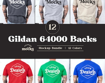 Gildan 64000 Tシャツ バックモックアップバンドル | メンズXL、12色（デジタルダウンロード）