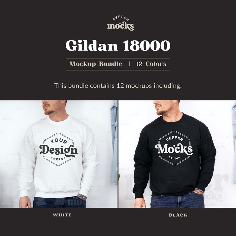 May include: Two men wearing long-sleeved Gildan 18000 sweatshirts. The sweatshirt on the left is white with the text "YOUR Desion *HERE*" in a black circle. The sweatshirt on the right is black with the text "PEPPER Mocks STUDIO" in a white circle.