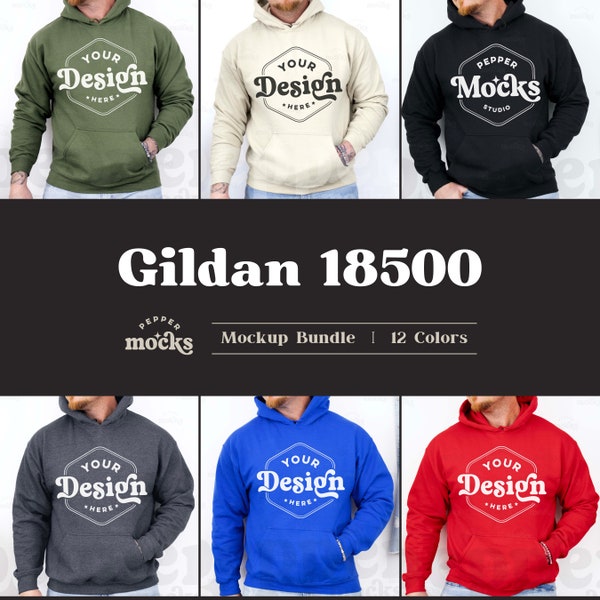 Gildan 18500 Hooded Sweatshirt Mockup Bundle | Male G185 Hoodie Mock-up Bundle | Real Model Mockup | Mens Neutral Simple Gildan 18500 Mock