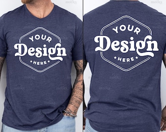 Mockup Bella Canvas 3001 gemêleerd marineblauw T-shirt | Mannelijk model, voor- en achterkant (digitale download)