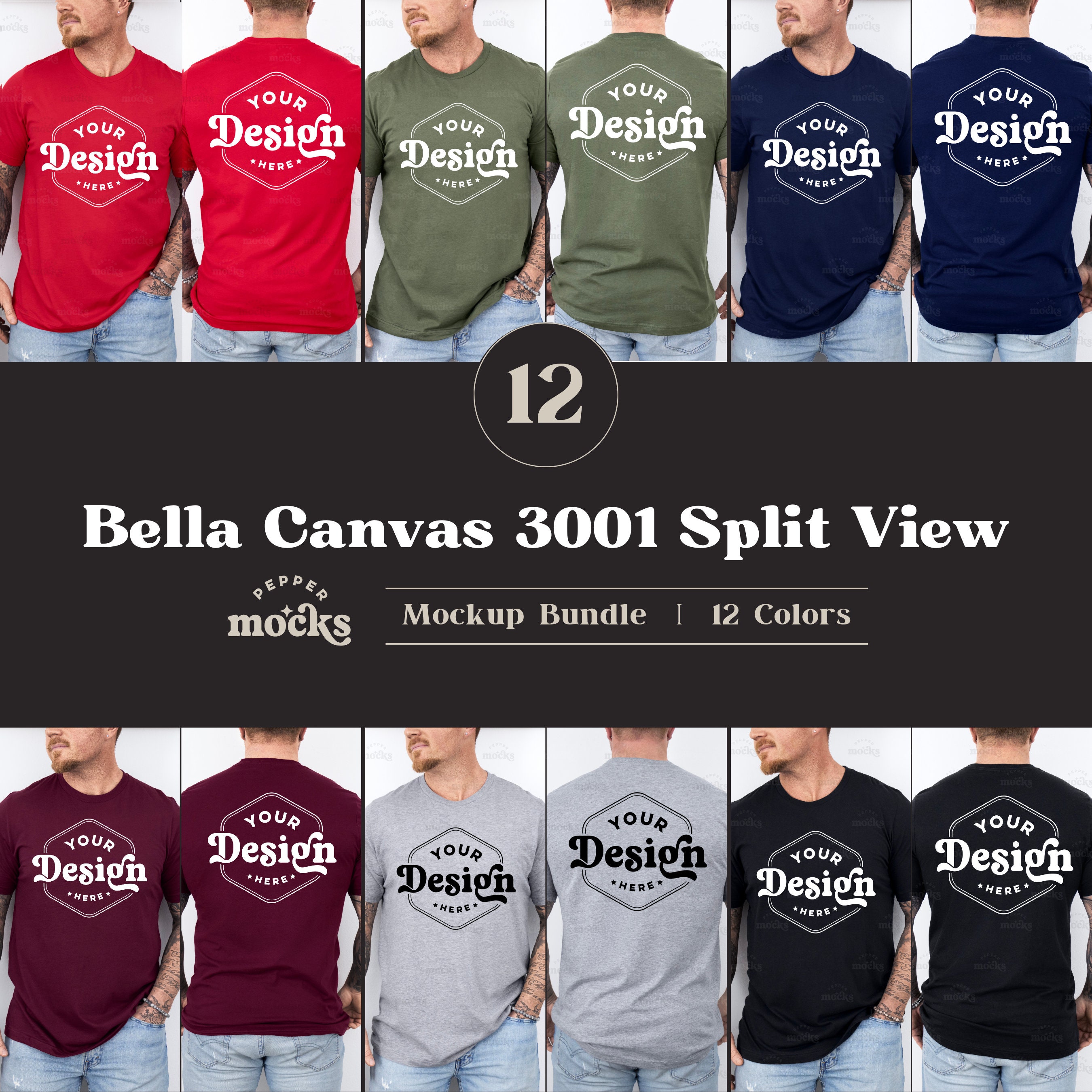 Bella Canvas 3001 Split View T-Shirt Mockup Bundle | Male BC3001 TShirt Mock-up Bundle | Real Model Mockup | Mens Basic Simple Bella 3001