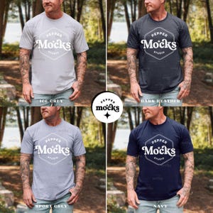 May include: Four t-shirts in different colors: ice grey, dark heather, sport grey, and navy. Each shirt features the text "PEPPER Mocks STUDIO" in a white, stylized design. The shirts are short-sleeved and worn by a person.