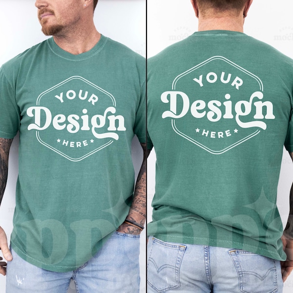 Comfort Colors C1717 Light Green Tshirt Split View Mockup | 1717 Mens Green T-shirt Mock-up | Real Model Mock | Simple Aesthetic Front Back