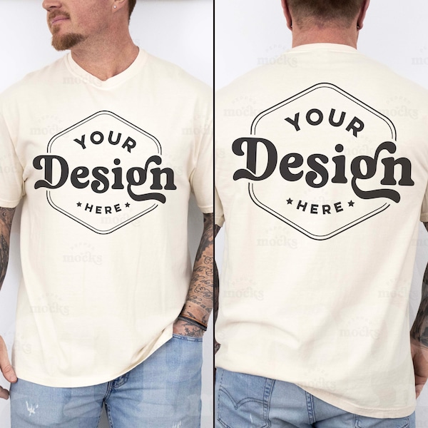 Comfort Colors C1717 Ivory Tshirt Split View Mockup | 1717 Mens Off-White T-shirt Mock-up | Real Model Mock | Simple Aesthetic Front Back