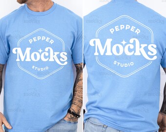 May include: A light blue t-shirt with a white hexagonal logo that says "Pepper Mocks Studio" on the front and back.