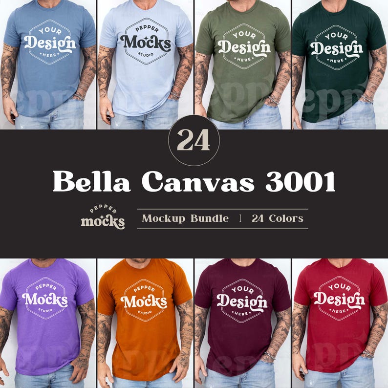 May include: A mockup bundle of 24 Bella Canvas 3001 t-shirts in various colors. The t-shirts feature different designs, including "Your Design Here" and "Pepper Mocks Studio".