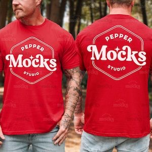 Gildan 64000 Red Front and Back T-Shirt Mockup | Mens Red G640 Tshirt Mock-up | Real Model Mock | Male Aesthetic Nature Outdoors | Split
