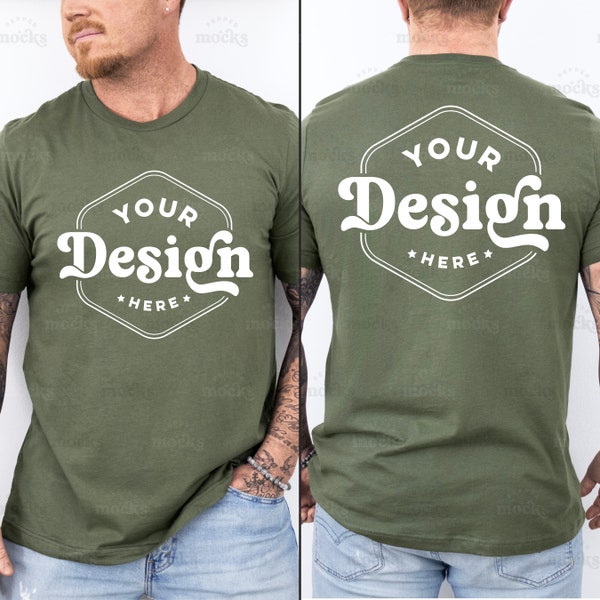 Bella Canvas 3001 Military Green Front and Back View Tshirt Mockup | 3001 T-shirt Mock-up | Real Male Model Mock | Simple Aesthetic Green