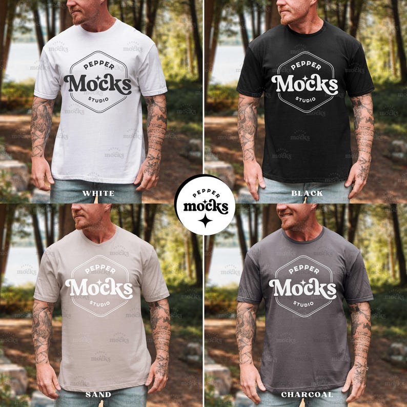 May include: A collection of t-shirts in white, black, sand, and charcoal. Each shirt features the "Pepper Mocks Studio" logo in a white, hexagonal design. The shirts are short-sleeved and appear to be made of a soft material.
