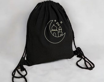 Linen gym bag black & natural beige with name/ personalized Ramadan Islamic motif