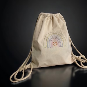 Linen gym bag black & natural beige with name/personalized rainbow motif image 1