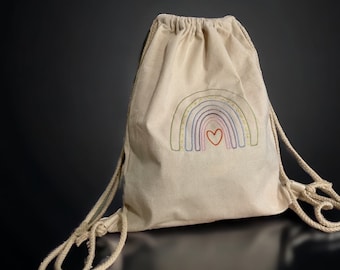 Leinen Turnbeutel Schwarz & Natur-beige mit Namen/ personalisiert Regenbogen Motiv