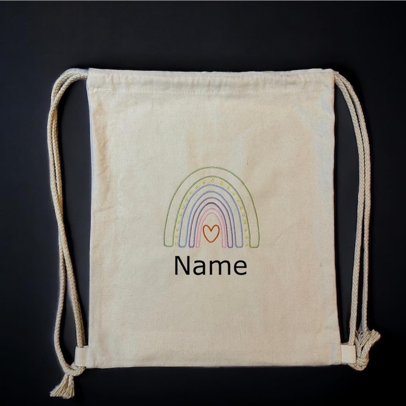 Linen gym bag black & natural beige with name/personalized rainbow motif image 2