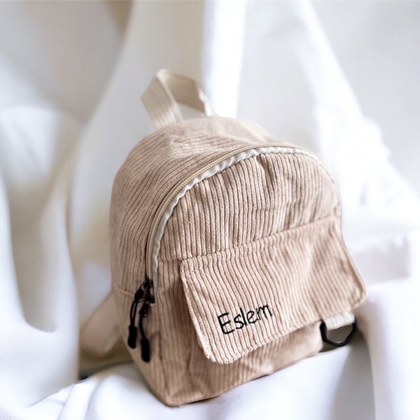 Mini-Cord-Rucksack Braun, Beige und Schwarz mit Namen/ personalisierte Rucksack