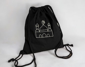 Linen gym bag black & natural beige with name/ personalized Ramadan Islamic motif