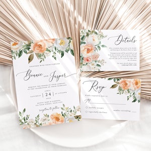 Pfirsich Hochzeitseinladung Vorlage, druckbare Hochzeitseinladung, Hochzeitseinladung, Aquarell Blush Einladung Vorlage, Pfirsich Fuzz