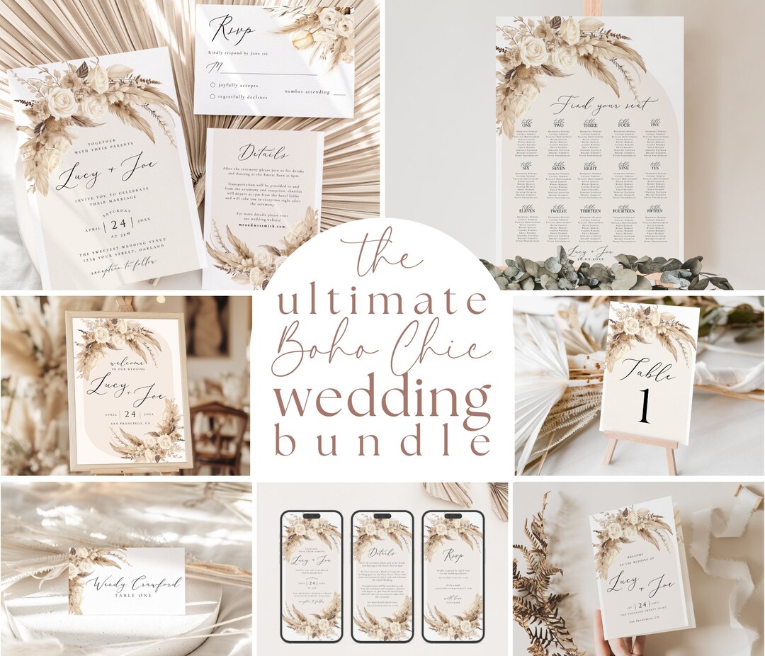 Boho Wedding Bundle, Boho Wedding Invitation Template, Printable ...