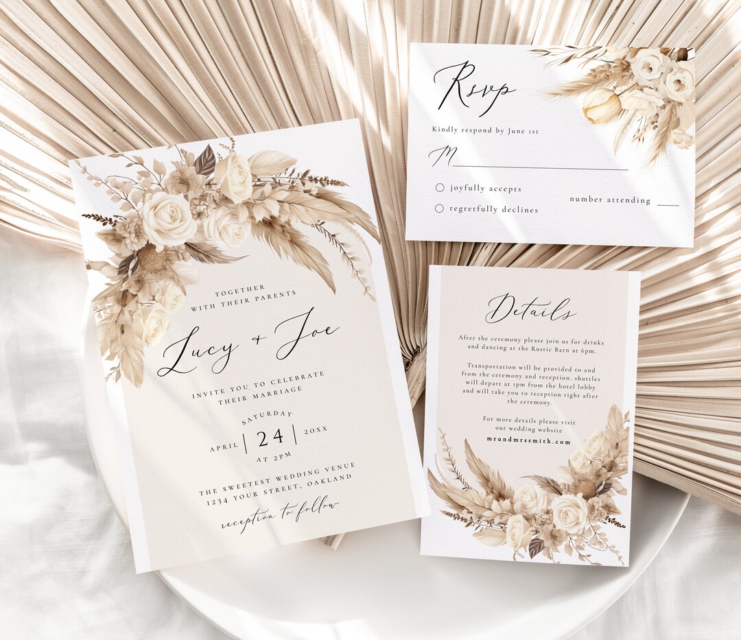 Boho Wedding Invitation Template, Printable Boho Invitation, Pampas ...