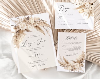 Boho Wedding Invitation Template, Printable Boho Invitation, Pampas Grass Wedding Invitation Suite, Bohemian Invitation, Boho Evite, Isla