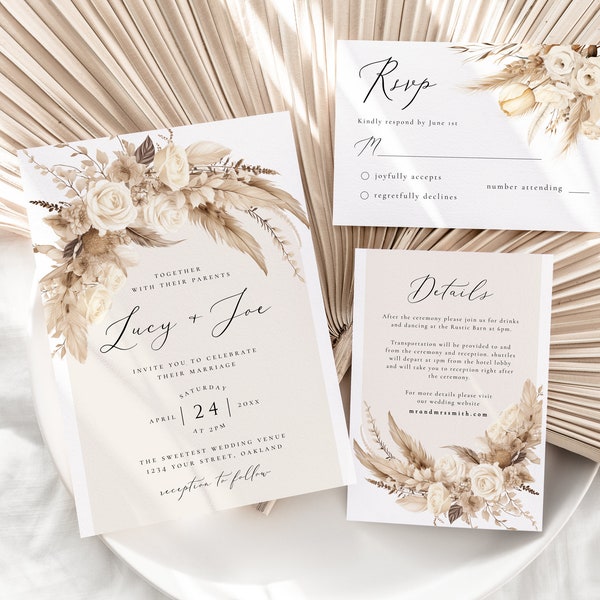 Boho Wedding Invitation Template, Printable Boho Invitation, Pampas Grass Wedding Invitation Suite, Bohemian Invitation, Boho Evite, Isla